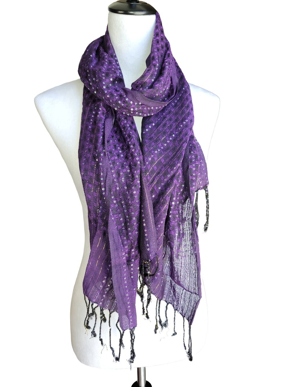 Purple Sparkle Shawl/Scarf With Silver Sequins & Gold Threads/ Evening Wrap